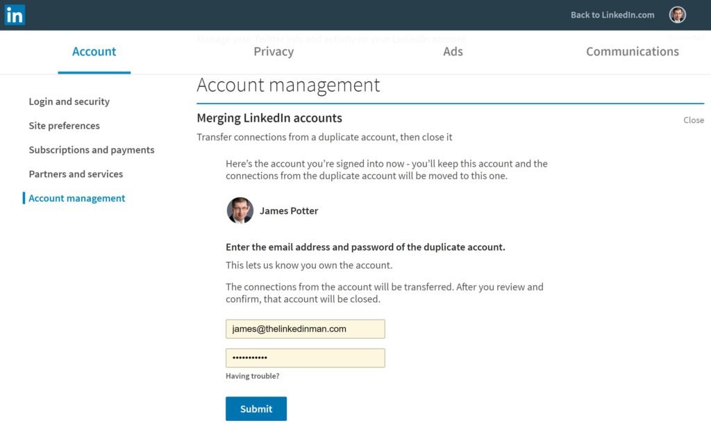 Considering the trade-offs of content loss when you merge LinkedIn accounts.