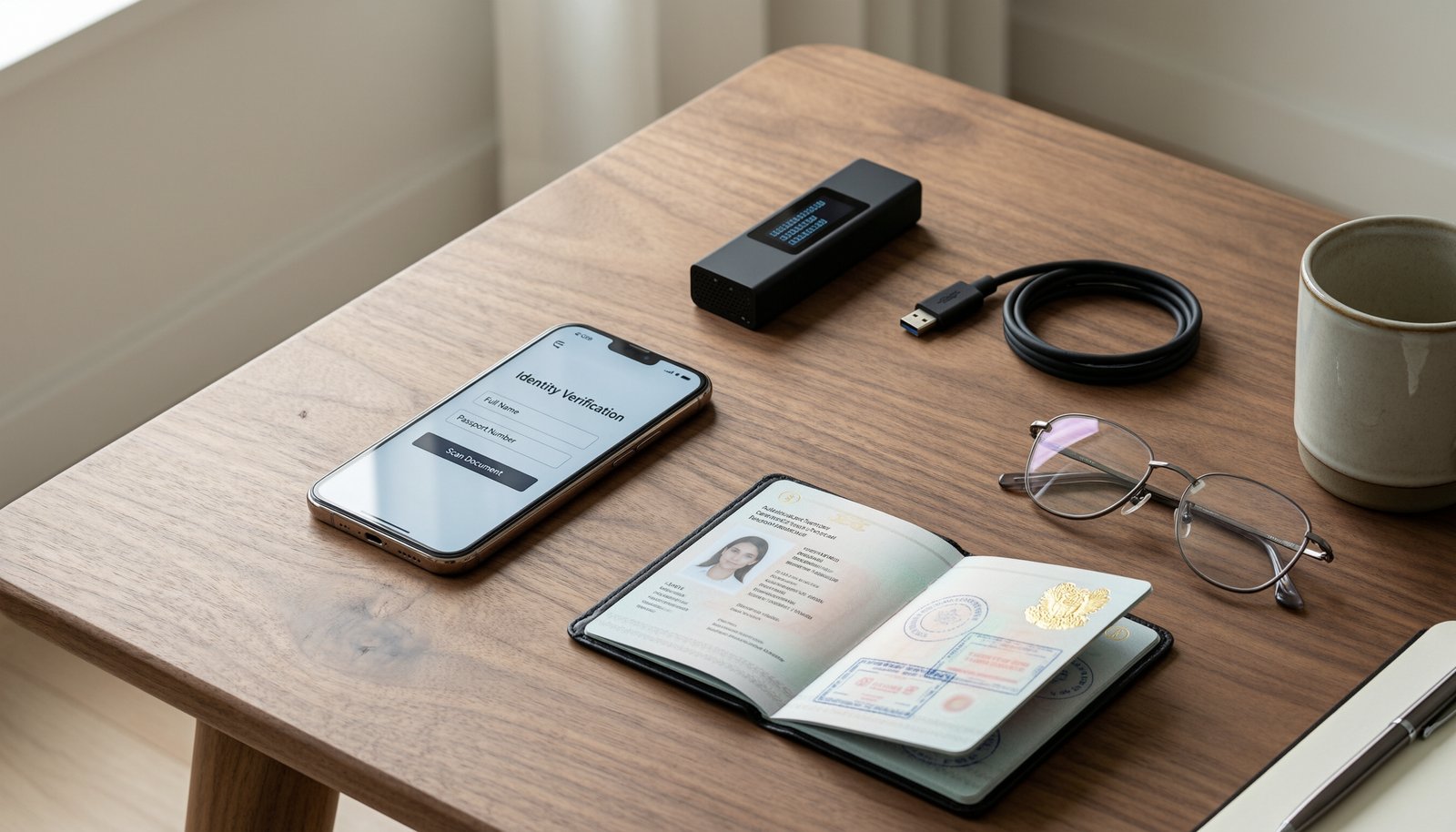Essential items like a smartphone and passport required for RedotPay card verification.
